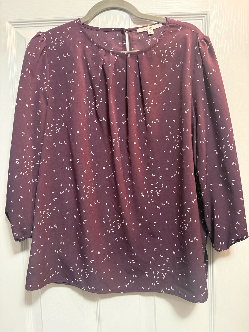 fun 2 fun Plum Printed Pleat-Neck Blouse